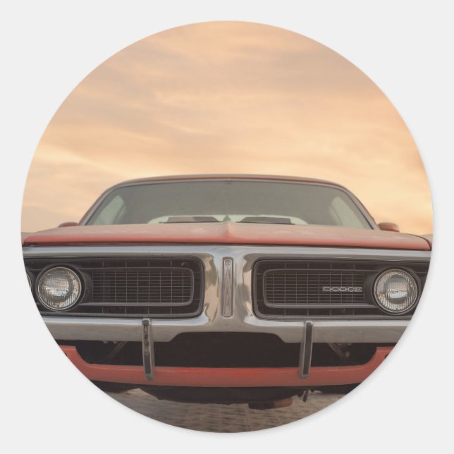 Vintage Classic Car Sunset View Round Sticker (Front)