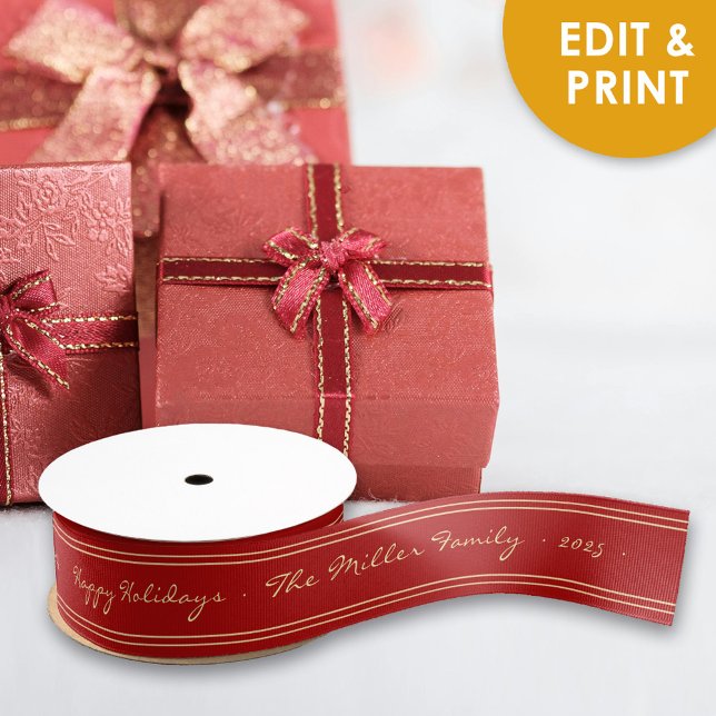 Vintage Classic Customisable Christmas Ribbon  Grosgrain Ribbon (Vintage Classic Customizable Christmas Ribbon with Family Name and Message)