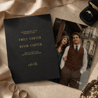 Vintage Classic Elegant Black Gold Photo Wedding Invitation