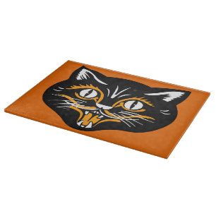 Vintage Classic Halloween Black Cat Face Fangs Cutting Board