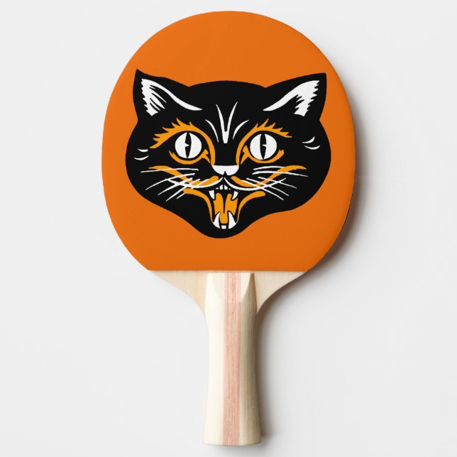 Vintage Classic Halloween Black Cat Face Fangs Ping Pong Paddle (Front)