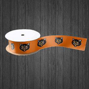 Vintage Classic Halloween Black Cat Face Fangs Satin Ribbon