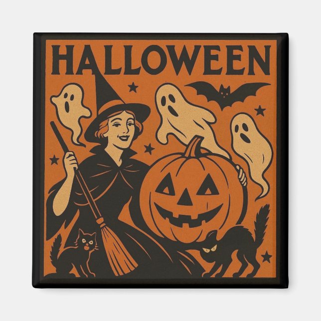 Vintage, classic Halloween witch, ghost & pumpkins Magnet (Front)
