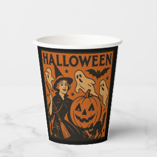 Vintage, classic Halloween witch, ghost & pumpkins Paper Cups