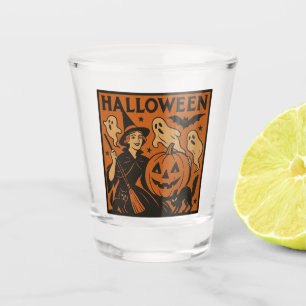 Vintage, classic Halloween witch, ghost & pumpkins Shot Glass