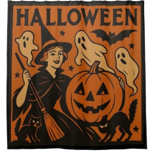 Vintage, classic Halloween witch, ghost & pumpkins Shower Curtain