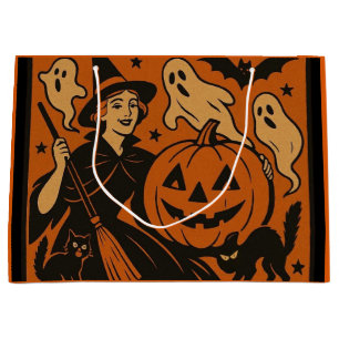 Vintage, classic Halloween witch, ghosts, pumpkin Large Gift Bag