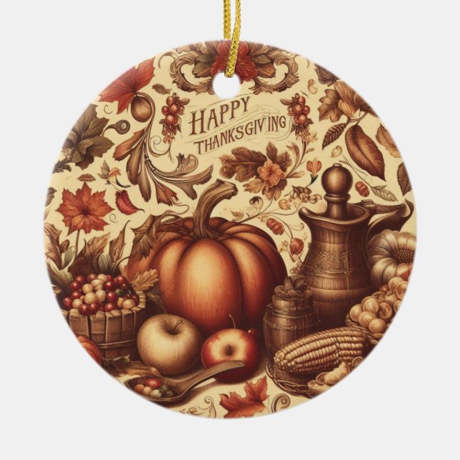 Vintage/Classic Happy Thanksgiving Ceramic Ornament (Front)