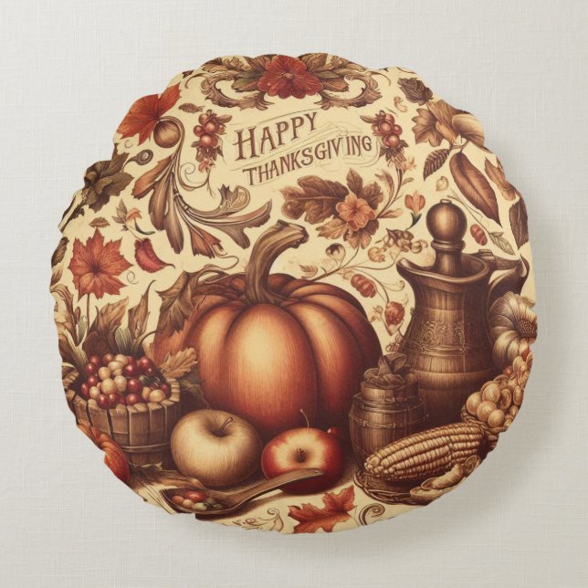 Vintage/Classic Happy Thanksgiving Round Cushion (Front)