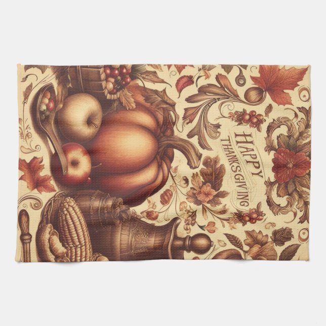 Vintage/Classic Happy Thanksgiving Tea Towel (Horizontal)
