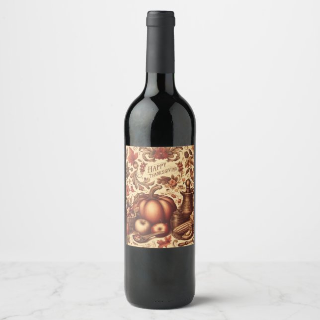 Vintage/Classic Happy Thanksgiving Wine Label (Front)