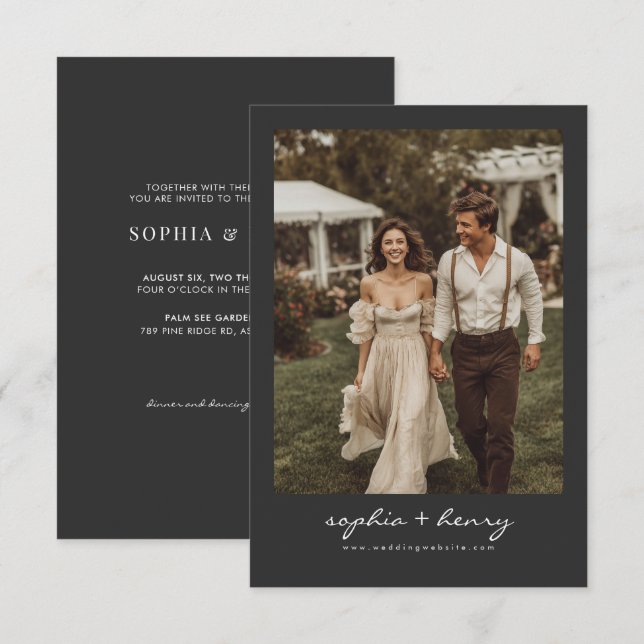 Vintage Classic Modern Script Photo Wedding Invitation (Front/Back)