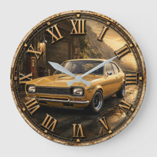 Vintage Classic Muscle Car Yellow Coupe Garage Large Clock