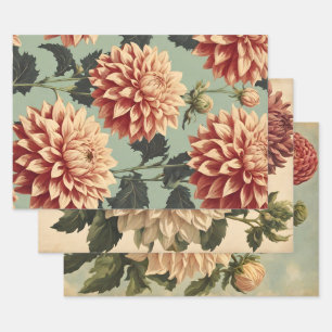 Vintage Classic Pink White Dahlias Botanical Wrapping Paper Sheet
