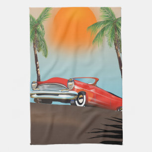 Vintage Classic Red Car In Paradise Tea Towel