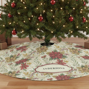 Vintage Classic Red & Gold Poinsettia Floral Brushed Polyester Tree Skirt