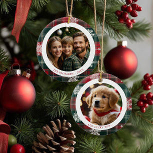 Vintage Classic red Snowflakes Family 2 Photos Ceramic Ornament