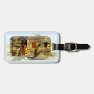 Vintage classic weathered wood caravan luggage tag