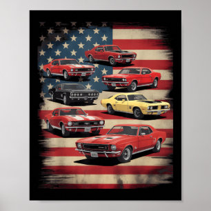 Vintage Clic Muscle Car Retro American Flag Patrio Poster