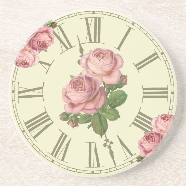 Vintage Clock and Pink Roses Ephemera Coaster (Front)