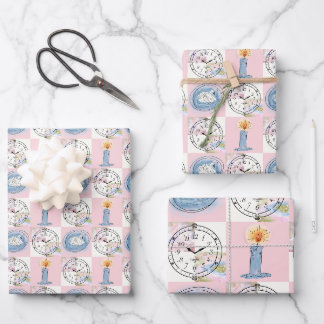 Vintage Clock and Swan Whimsical Pastel Grid Wrapping Paper Sheet