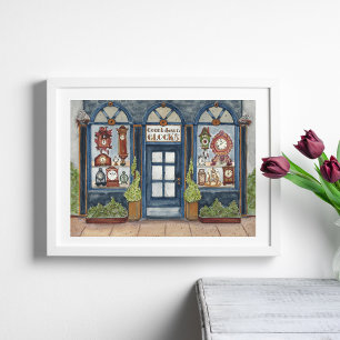 Vintage Clock Shop Watercolor Poster