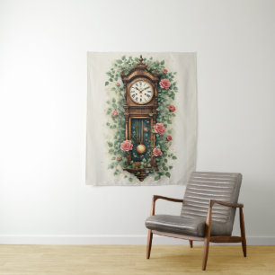 Vintage Clock Surrounded by Roses and Vines Tapestry