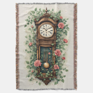 Vintage Clock Surrounded by Roses and Vines Throw Blanket