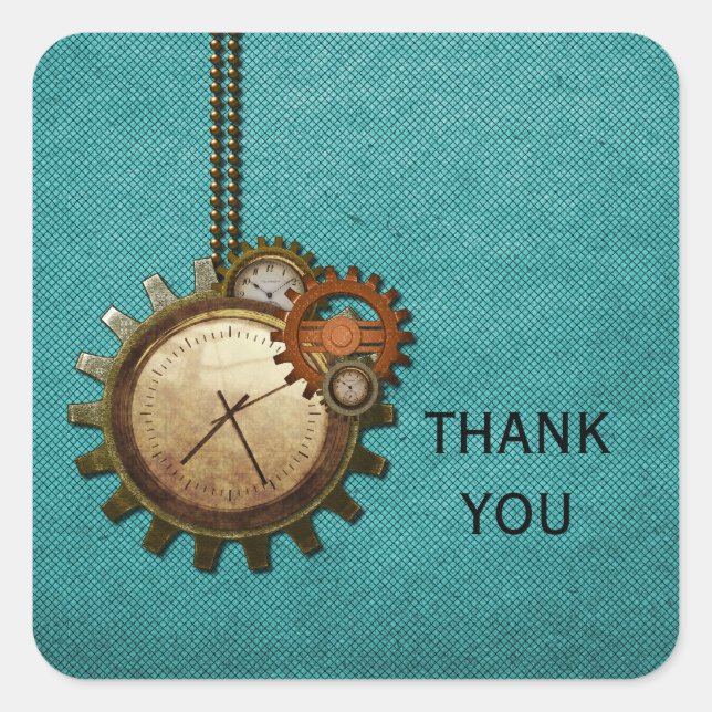 Vintage Clock Thank You Stickers, Turquoise Square Sticker (Front)