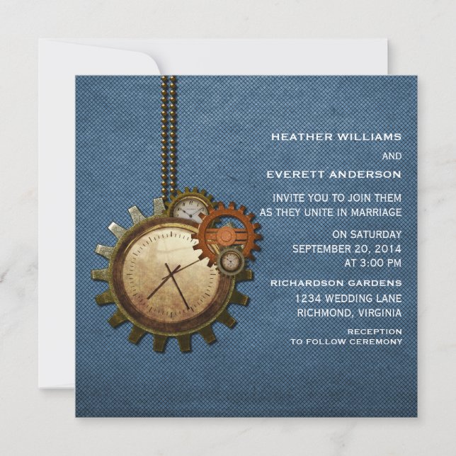 Vintage Clock Wedding Invitation, Blue Invitation (Front)