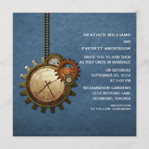 Vintage Clock Wedding Invitation, Blue Invitation