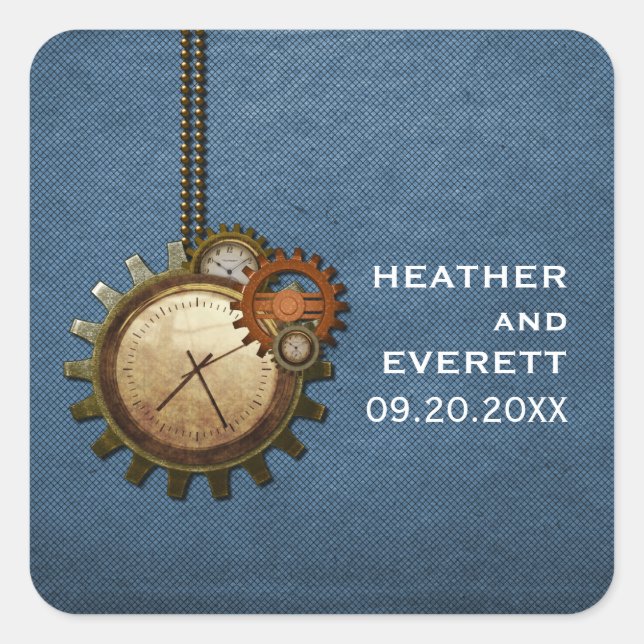Vintage Clock Wedding Stickers, Blue Square Sticker (Front)