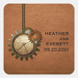 Vintage Clock Wedding Stickers, Copper Square Sticker