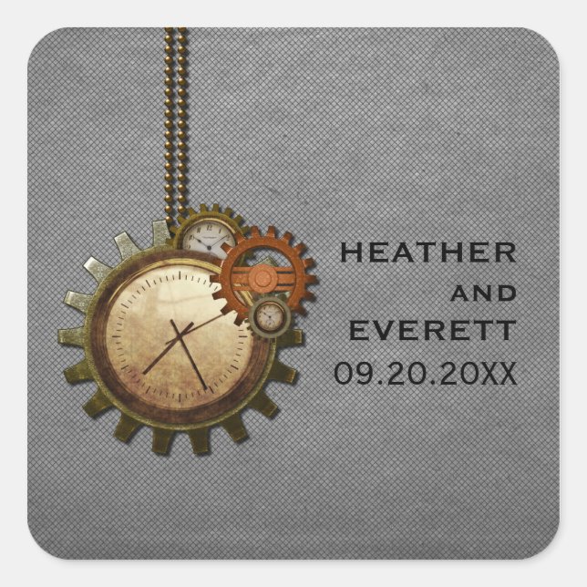 Vintage Clock Wedding Stickers, Grey Square Sticker (Front)