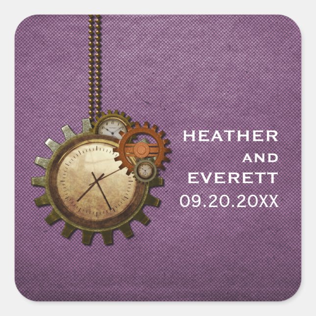 Vintage Clock Wedding Stickers, Purple Square Sticker (Front)