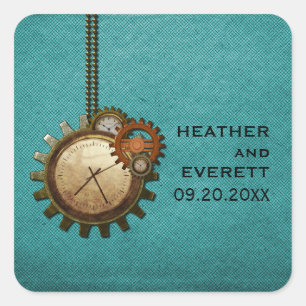 Vintage Clock Wedding Stickers, Turquoise Square Sticker