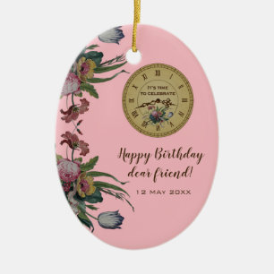 Vintage Clock with Flowers Birthday Party Ceramic Tree Decoration