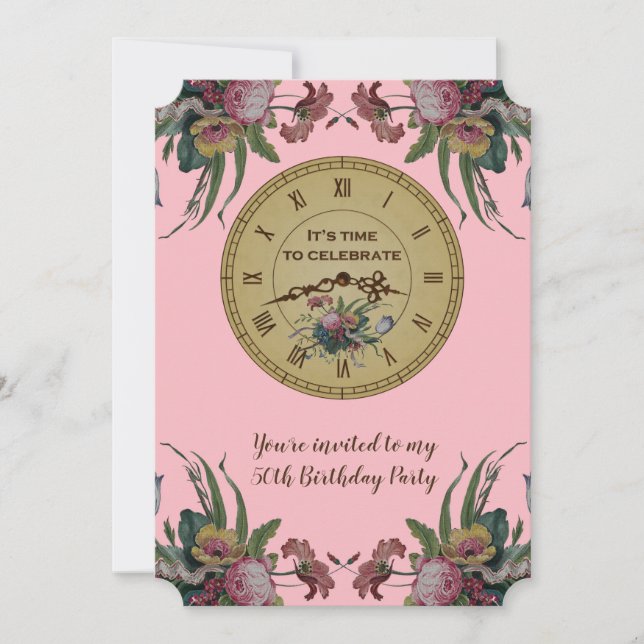Vintage Clock with Flowers Birthday Party Invitation (Front)