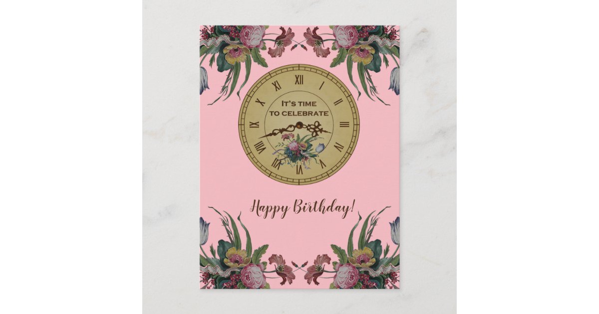 Vintage Clock with Flowers Birthday Party Invitation Postcard | Zazzle