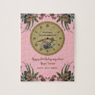 Vintage Clock with Flowers Birthday Party Jigsaw Puzzle