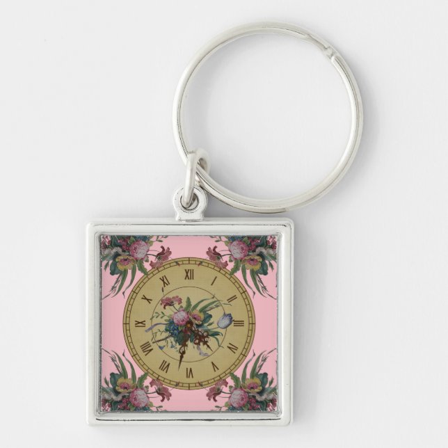 Vintage Clock with Flowers Key Ring (Front)