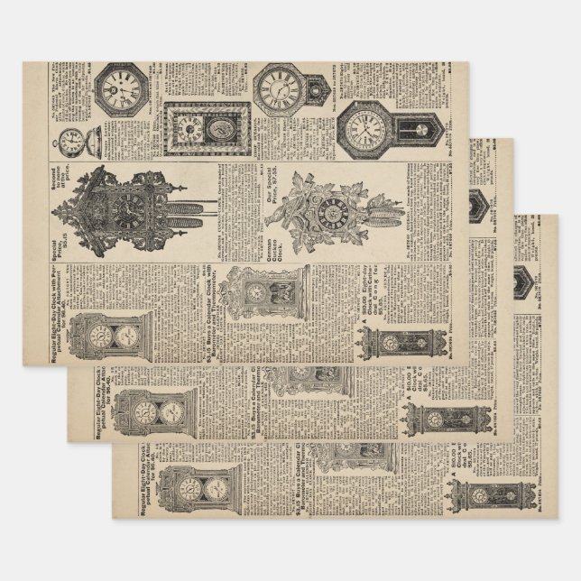 Vintage Clocks Catalogue Page Wrapping Paper Sheet (Set)