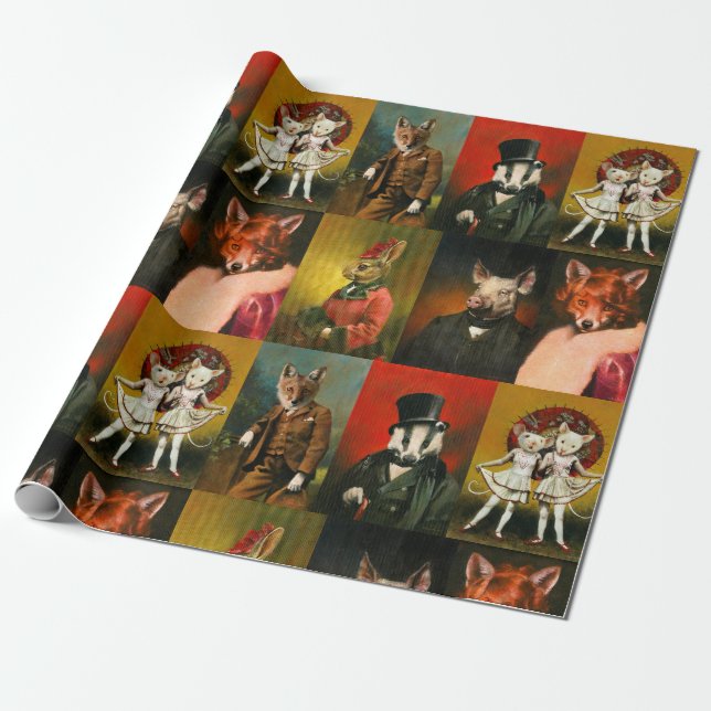Vintage Clothed Animals Wrapping Paper (Unrolled)