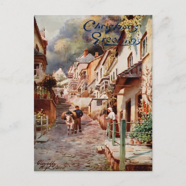 Vintage Clovelly High Street Christmas Postcard (Front)