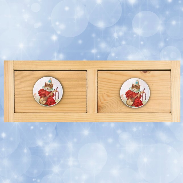 Vintage Clown Jester Musician Cat Mandolin Ceramic Knob (Jester cat in clown outfit playing a mandalin on drawer knob pull.)