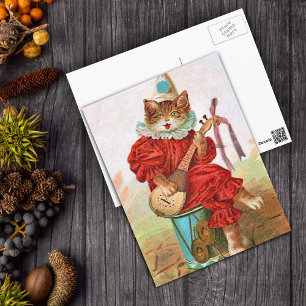 Vintage Clown Jester Musician Cat Mandolin Postcard