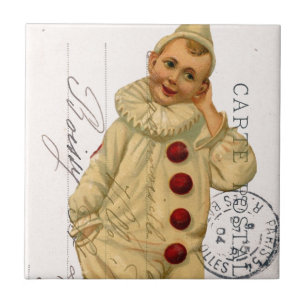 Vintage Clown Postcard Digital Art Tile