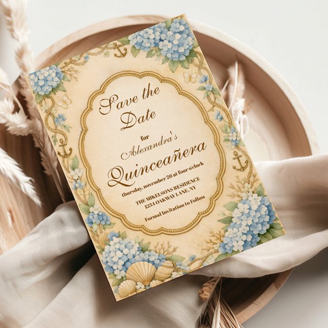 Vintage Coastal Hydrangea Quinceañera Save The Date (Creator Uploaded)