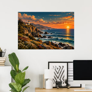 Vintage Coastal Lighthouse Landscape Wall Art Prin