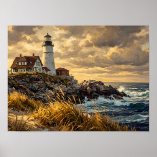 Vintage Coastal Lighthouse Painting Poster